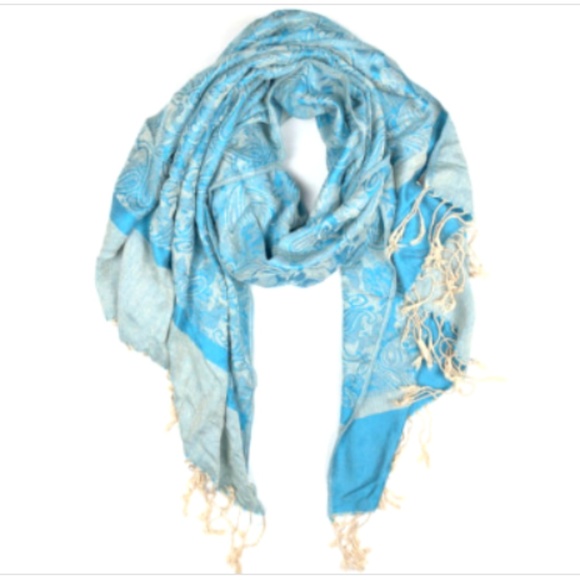 Pashmina Blue Beige Tapestry CASHMERE Fringe Scarf